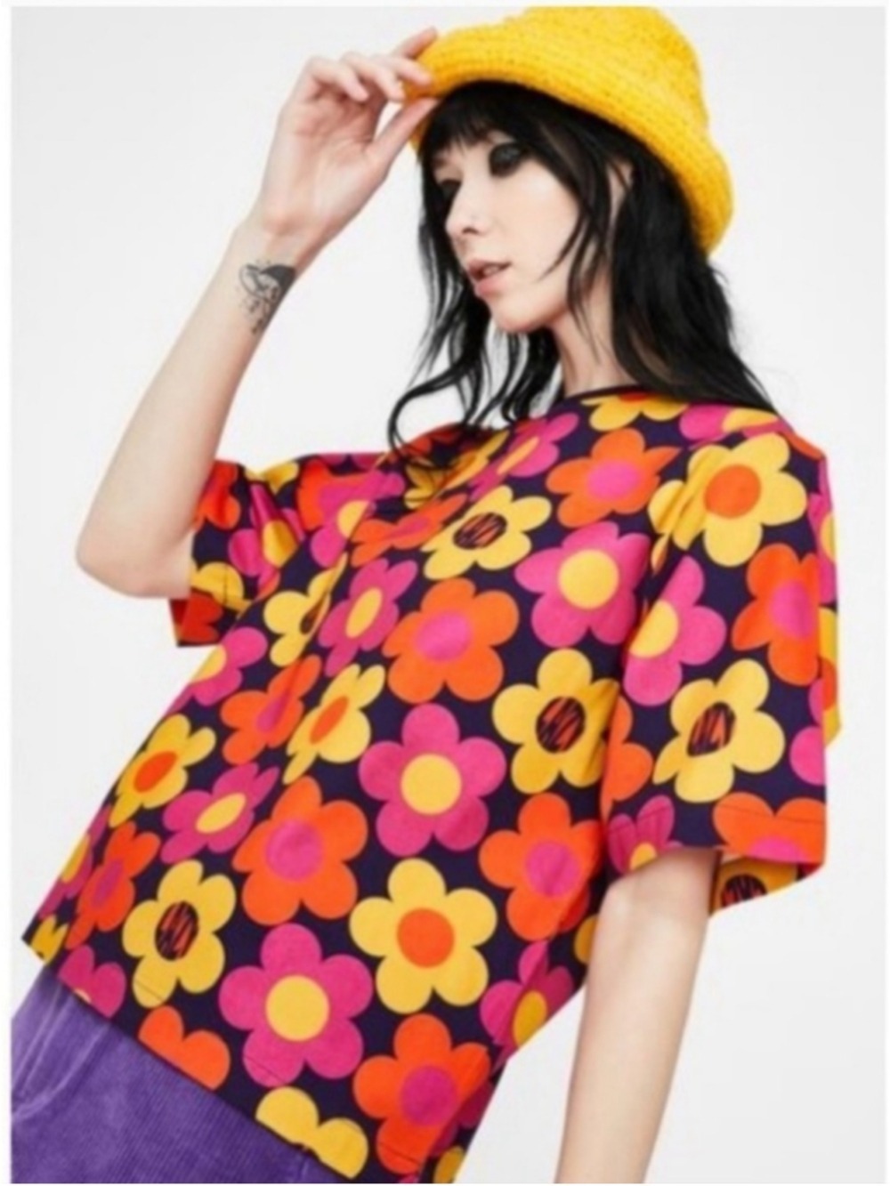 Lazy Oaf '70s Floral Boxy Tee Women's Size Small Retro Colorful Streetwear - Picture 2 of 15